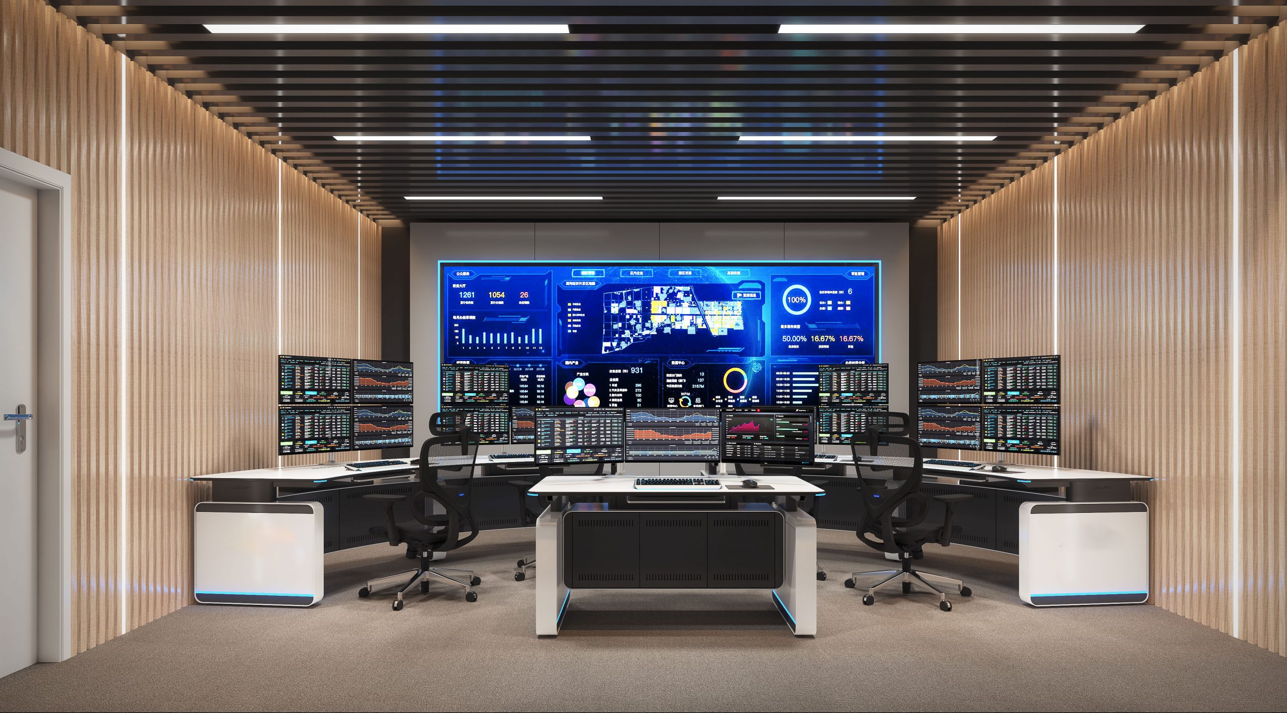Why use a multi-user workstation console when considering the room layout for a security command center?